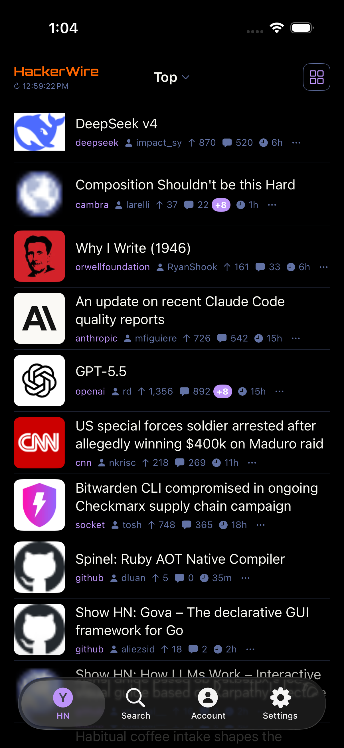HackerWire on iPhone